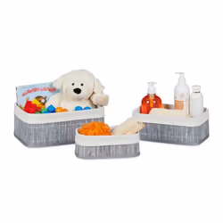 Relaxdays Boîte rangement en bambou lot 3 paniers ouverts rectangulaires revêtement tissu salle de bain gris