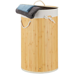 Relaxdays - Panier à linge bambou, Corbeille pliante couvercle, volume 70 l, sac à linge coton, rond, ø 41 cm, crème