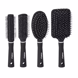 Relaxdays Brosse à cheveux en jeu de 4 étui pour déplacements brosses en plastique rondes de voyages noir/blanc