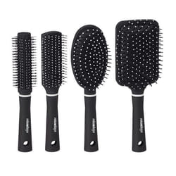 Relaxdays Brosse à cheveux en jeu de 4 étui pour déplacements brosses en plastique rondes de voyages noir/blanc