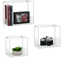 Relaxdays - tagère à suspendre lot de 3 cubes, support mural, meuble rangement, grille grillage, 15 cm, métal, blanc