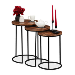 Relaxdays Table gigogne, jeu de 3, d’appoint ronde Bois de mangue, design industriel, métal noir, 3 tailles, couleurs