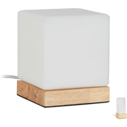 Relaxdays - Lampe de table salon et chambre à coucher, en bois et verre opale, E14, veilleuse, cube, blanc/nature
