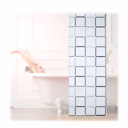 Le store de salle de bain semi-transparent au design Rétro avec carrés blancs et gris se fixe simplement à votre plafond et r ...