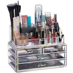 Relaxdays - Organisateur cosmétiques 2 parties boîte rangement maquillage Make up 12 porte-crayons, dore rayé