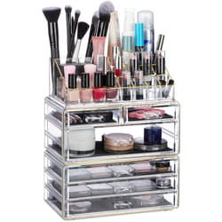 Relaxdays - Organiseur de Cosmétiques 6 Tiroirs 22 Casiers Rangement Make-Up Tour à Maquillage Acrylique Doré