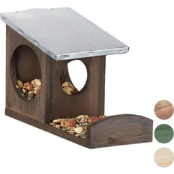 Relaxdays Mangeoire pour écureuils, Hotte en bois, toit métallique étanche, à accrocher, Pour le jardin, marron foncé