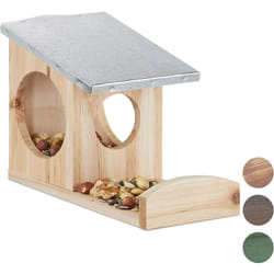Relaxdays - Mangeoire pour écureuils, Hotte en bois, toit métallique étanche, à accrocher, Pour le jardin, Naturel