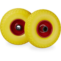 Relaxdays - Roue de brouette, caoutchouc, 3.00-4', 2x roue de rechange, pour axe de 25 mm, 260x85 mm, jaune-rouge
