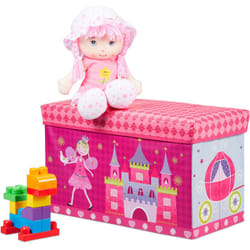 Relaxdays - Tabouret Coffre à jouets boîte à jouets couvercle pouf enfant pliable princesse rangement fille 50L, rose