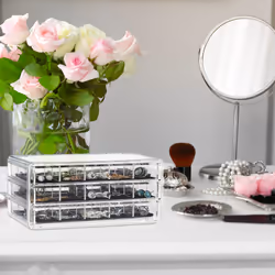 Organiseur de maquillage, Make-Up, 3 tiroirs, rangement cosmétique, boîte, acrylique, bijoux, transparent - Relaxdays