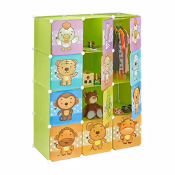 Relaxdays Étagère rangement enfants casier modulable plastique animaux penderie armoire portes tringle vert