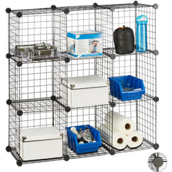 Tagère modulable grille treillis 9 cubes compartiments diy métal meuble rangement grillage 30x30 cm, noir - Relaxdays