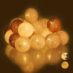 Relaxdays Guirlande Lumineuse LED 20 Boules de Coton Fonction à Piles Lumières d’Ambiance Sphères Ø6 cm Blanc Gris Marron