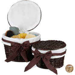 Relaxdays - Corbeille de salle de bain panier de rangement couvercle lot de 2 rond en bois buri tressé main, marron