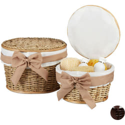 Relaxdays - Corbeille de salle de bain panier de rangement couvercle lot de 2 rond en bois buri tressé main, nature