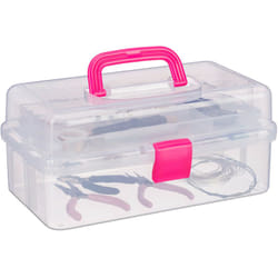 Relaxdays - Boîte en plastique transparente, 9 compartiments pour petits objets, Poignée, hlp 14x33x19 cm, rose