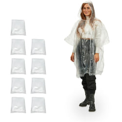 Ponchos imperméables jetables, Lot de 10, ciré avec capuche, contre la pluie, randonnée, unisexe, transparent - Relaxdays