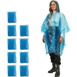 Relaxdays - Ponchos imperméables jetables, Lot de 10, ciré avec capuche, contre la pluie, randonnée, unisexe, bleu