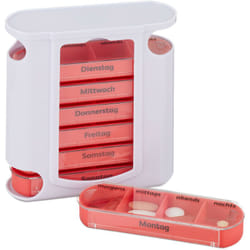 Relaxdays - Pilulier 7 jours 4 compartiments boîte médicaments semainier matin midi soir nuit, blanc-rouge