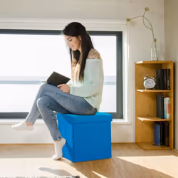 Tabouret pliant en lin pouf de rangement pliable repose-pieds de stockage carré 38 x 38 x 38 cm, bleu - Relaxdays