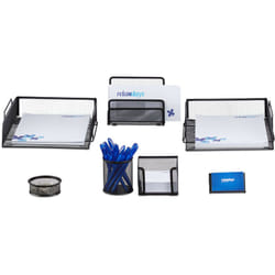 Relaxdays - Set 7 fournitures de bureau pot punaises pot crayon bloc notes cartes de visite courrier métal surfaces, noir