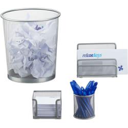 Relaxdays - Set 4 Fournitures Bureau Métal Organiseur Trieur à Courrier Bloc-Notes Pot à Crayon Corbeille Papier, Argenté