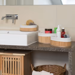 Relaxdays 4052025961404 Boîte de rangement Panier de rangement Ovale Bambou, Fibre de bois, Polyester Bambou, Blanc