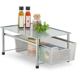 Relaxdays Rangement avec panier coulissant, empilable, métal, cuisine, salle de bain, HxLxP: 19x28x42,5 cm, argenté