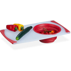 Relaxdays - Planche à découper avec passoire, plastique, 50x29 cm, bac récupérateur pliable, pour cuisine, blanc - rouge