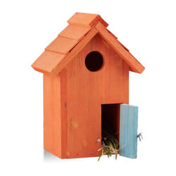 Relaxdays - Nichoir à oiseaux en bois forme de petite maison avec porte abri refuge HxlxP: 24,3 x 17 x 12 cm, orange