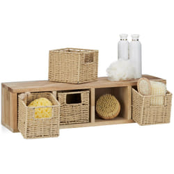 Relaxdays - Etagere 4 cubes rangement panier amovible corbeille bois noyer couloir chambre cuisine montage mural, nature
