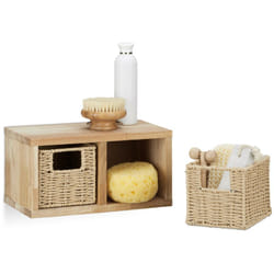 Etagere 2 cubes rangement panier amovible corbeille bois noyer couloir chambre cuisine montage mural, nature - Relaxdays