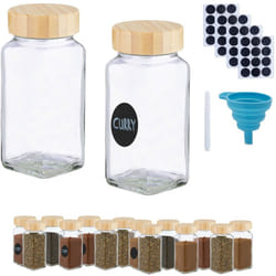 Bocaux à épices, lot de 16, saupoudrage, verre, 120 ml, étiquettes, stylo & entonnoir, transparent/nature - Relaxdays
