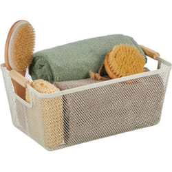 Relaxdays - Panier de rangement, poignées bois, rectangulaire, corbeille métal, HxLxP : env. 16,5x37x22,5 cm, déco, blanc