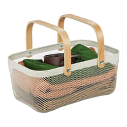 Relaxdays - Panier rectangulaire, anses, corbeille de rangement, métal et bois, panière ustensiles, salle de bain, blanc