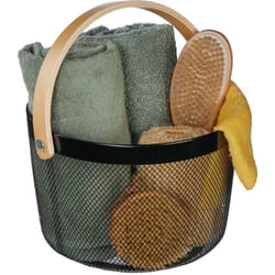 Relaxdays - Corbeille en métal, ronde, panier de rangement aspect maille et bois, organiser cuisine, salle de bain, noir