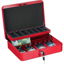 Relaxdays - Caisse à monnaie, verrouillable, monnayeur & 4 compartiments à billets, fer, hlp 8,5 x 30,5 x 24,5 cm, rouge