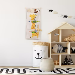 Tagère rangement murale, chambre enfant, 3 paniers suspendus, HxL : 82x33,5 cm, design girafe, multicolore - Relaxdays