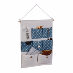 Relaxdays Étagère murale 7 compartiments 2 crochets coton HxL : 60x39 cm salle de bain organisateur crème/bleu