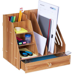 Relaxdays - Organiseur bureau, 3 porte-documents, 3 étagères, 2 porte-stylos, 1 tiroir, école, diy, mdf, marron foncé