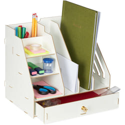 Relaxdays Organiseur bureau, 3 porte-documents, 3 étagères, 2 porte-stylos, 1 tiroir, école, DIY, MDF, blanc