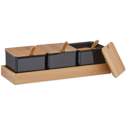 Relaxdays Pots à épices, lot de 3, bocaux, cuillère et couvercle, plastique, bambou, sucrier sur plateau, cuisine, noir