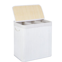 Relaxdays - Panier à linge, 3 compartiments, avec couvercle, trieur rectangulaire, HxLxP : 62x62,5x42,5 cm, bambou, blanc