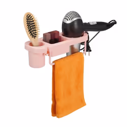 Relaxdays Support à sèche-cheveux sans perçage plastique porte-fil et étagères HxLxP : env. 9x30x105 cm rose