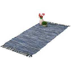 Relaxdays - Tapis tissé, 70 x 140 cm, coton et cuir, descente de lit à franges, antidérapant, natte décorative, bleu