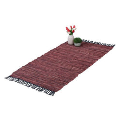 Relaxdays Tapis tissé 70 x 140 cm coton et cuir descente de lit à franges antidérapant natte décorative rouge