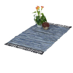Tapis à franges, 60x100 cm, coton et cuir, tissé main, antidérapant, natte, chambre, couloir, bleu - Relaxdays