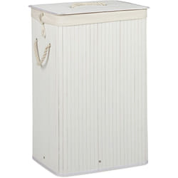 Relaxdays Panier à linge bambou, corbeille linge pliante, 83L, sac intérieur coton, 65,5 x 43,5 x 33,5 cm, blanc
