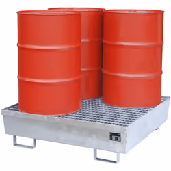 Cuve de rétention en acier à bords profilés, pour 4 fûts de 200 litres, L x l 1200 x 1200 mm, galvanisé à chaud. Produit livr ...
